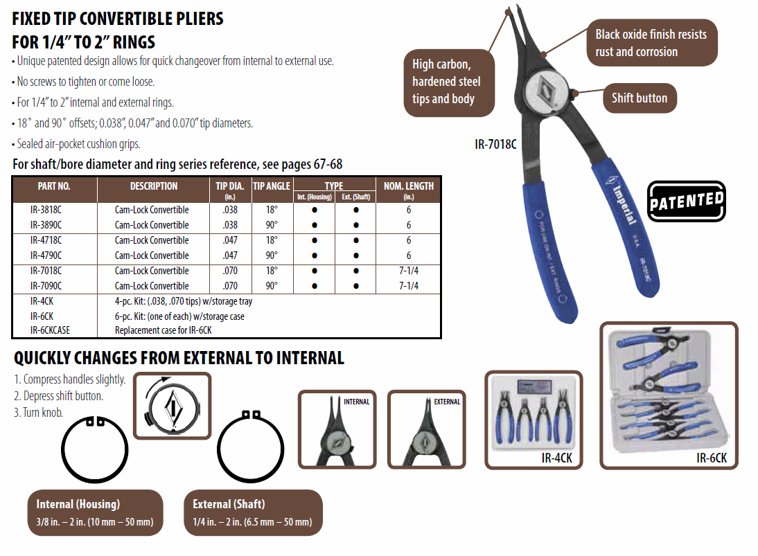 Imperial Tool IR6QK 6 Piece Professional QTR-Turn Convertible Retaining  Ring Plier Kit for 1/4