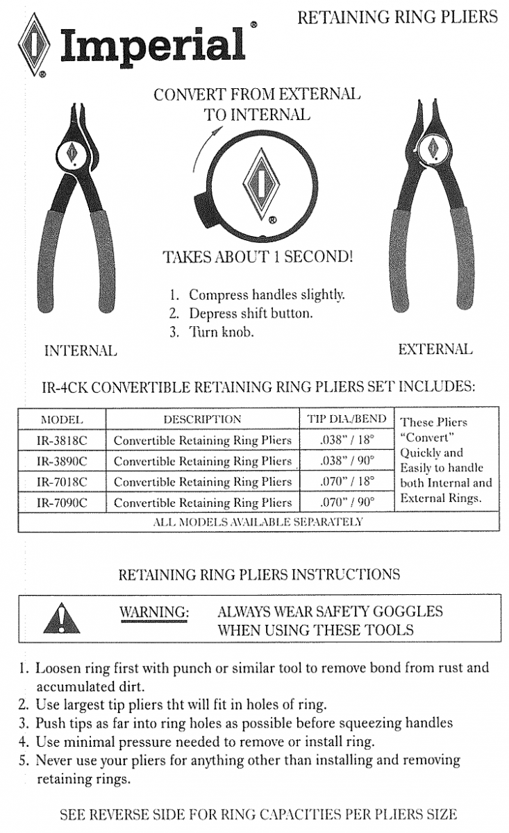 917851-9 Westward Convertible Retaining Ring Pliers, For Bore Dia.: 11/16